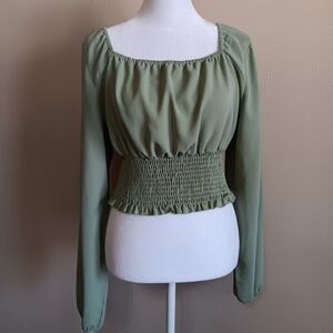 Green Cropped Midriff Ruched Peasant Long Sleeve Top By Shein XL, Fairy Festival